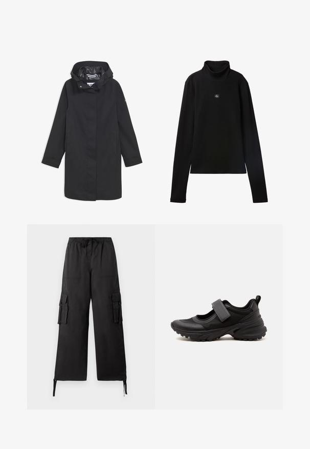 Veste noire imperméable avec capuche, fermeture à boutons-pression, deux poches latérales et doublure intérieure lisse. Présente une coupe droite et des manches longues.; Haut noir à col roulé côtelé à manches longues avec petit patch carré du logo Calvin Klein centré sur la poitrine.; Tommy Jeans ELASTICATED PANT - Pantalon cargo - black; Chaussure athlétique noire style Mary Jane avec semelle épaisse à crampons, bride ajustable sur le dessus et languette à l'arrière du talon.