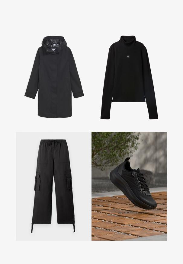 Sort vandtæt jakke med hætte, trykknaplukning, to sidelommer og en glat inderside. Har en lige pasform og lange ærmer.; Sort ribstrikket bluse med lange ærmer og lille firkantet Calvin Klein-logo placeret centralt på brystet.; Tommy Jeans ELASTICATED PANT - Cargobukser - black; Sort atletiksko med tyk sål og snørebånd, svævende over trægulvflise, sløret udendørs baggrund med grønt løv og væg.