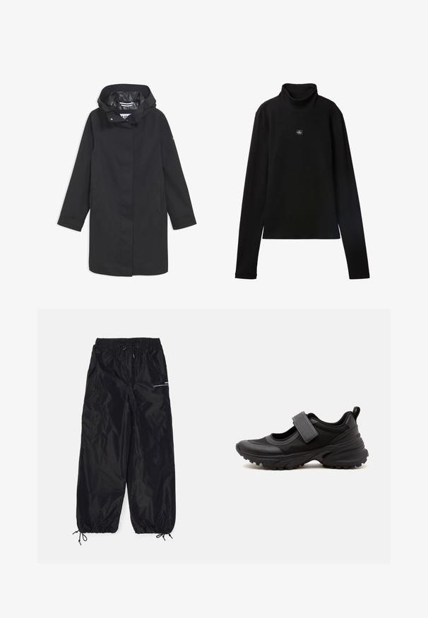Sort vandtæt jakke med hætte, trykknaplukning, to sidelommer og en glat inderside. Har en lige pasform og lange ærmer.; Sort ribstrikket bluse med lange ærmer og lille firkantet Calvin Klein-logo placeret centralt på brystet.; Sorte cargobukser lavet af blank nylon med elastisk talje, justerbar snor, sidelommer og elastiske manchetter.; Sort atletisk Mary Jane-stil sko med tyk sål med mønster, justerbar rem over toppen og en trækflig ved hælen.
