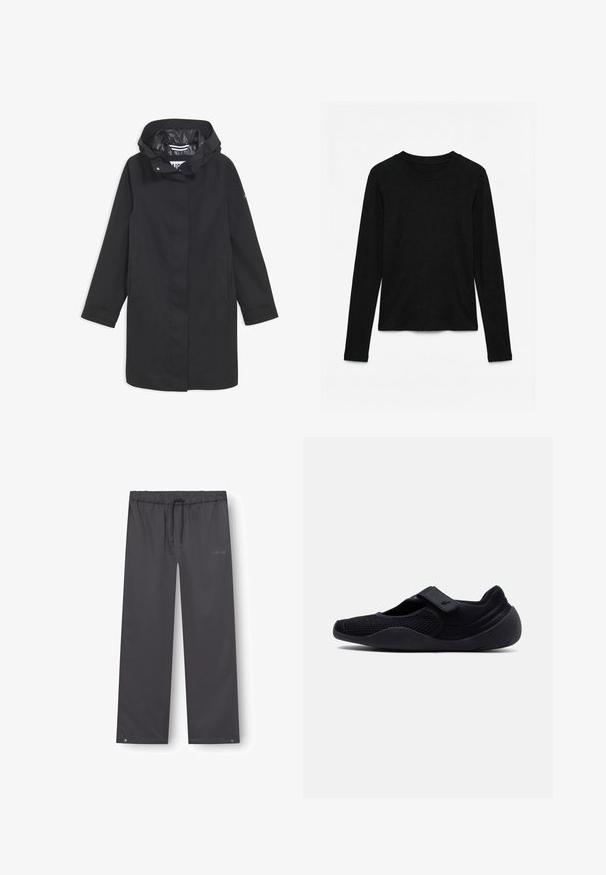 Veste noire imperméable avec capuche, fermeture à boutons-pression, deux poches latérales et doublure intérieure lisse. Présente une coupe droite et des manches longues.; Haut noir à manches longues en maille côtelée avec encolure ronde, posé à plat sur fond blanc.; Pantalon imperméable gris avec une ceinture élastique et un cordon de serrage ajustable ; dispose d'œillets argentés à l'ourlet et d'un logo discret.; Chaussure noire à enfiler avec tige en mesh, semelle large en caoutchouc et bride en Velcro ajustable sur le coup de pied, conçue pour un usage décontracté.