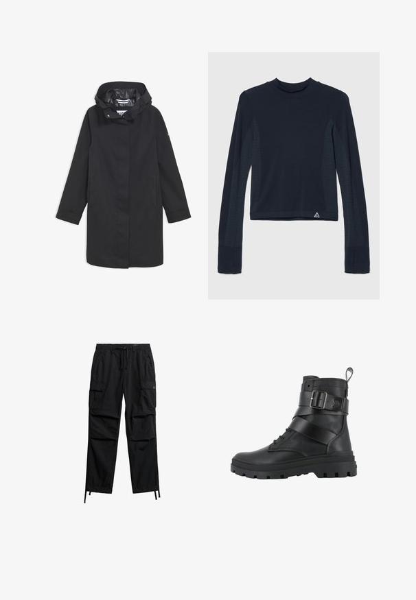 Sort vandtæt jakke med hætte, trykknaplukning, to sidelommer og en glat inderside. Har en lige pasform og lange ærmer.; Langærmet navy top i ribbestrik med prikkede detaljer langs ærmerne og en høj halsudskæring. Varemærkets logo i nederste venstre hjørne.; Sorte cargobukser lavet af letvægtsstof, med flere sidelommer, justerbar snøre i taljen og tilspidsede manchetter.; Palladium Cowboy- / bikerstøvlette - black