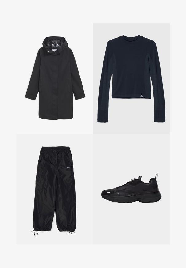 Sort vandtæt jakke med hætte, trykknaplukning, to sidelommer og en glat inderside. Har en lige pasform og lange ærmer.; Langærmet navy top i ribbestrik med prikkede detaljer langs ærmerne og en høj halsudskæring. Varemærkets logo i nederste venstre hjørne.; Sorte cargobukser lavet af blank nylon med elastisk talje, justerbar snor, sidelommer og elastiske manchetter.; Sort atletiksko med tyk sål, tekstureret overdel, sidepaneler, snørebånd og trækflapper på tunge og hæl.