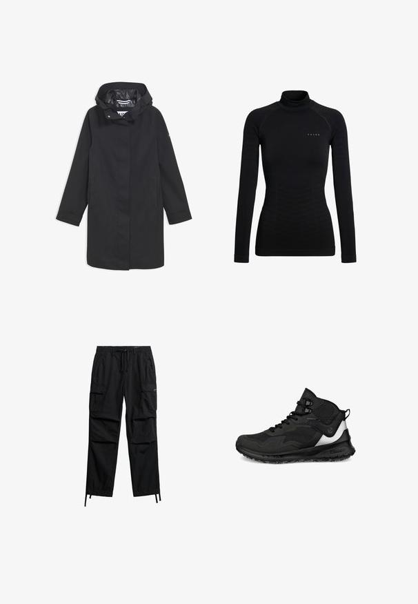 Veste noire imperméable avec capuche, fermeture à boutons-pression, deux poches latérales et doublure intérieure lisse. Présente une coupe droite et des manches longues.; Chemise noire à manches longues avec col roulé, en tissu extensible. Présente une coupe ajustée avec des accents côtelés et un petit logo de marque sur la poitrine.; Pantalon cargo noir en tissu léger, doté de plusieurs poches latérales, d'une taille ajustable avec cordon de serrage, et de bas resserrés.; Bottes de randonnée noires imperméables avec une tige en mesh texturé, une semelle rembourrée et un accent argenté distinctif sur le côté.