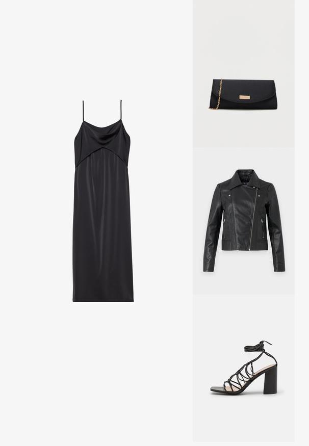 Zwarte leren cropped jas met een kraag, getailleerd ontwerp, naaddetails en ritsmanchetten. Gladde textuur, klassieke motorstijl.; Zwarte satijnen slipdress met dunne spaghettibandjes, een gedrapeerde halslijn en een rechte silhouet. Gladde textuur en minimalistisch ontwerp.; RAID KELSEY - Sandalen - black; Zwarte envelop clutch tas met een gouden ketting schouderriem en een klein gouden rechthoekig logo plaatje op de voorflap.