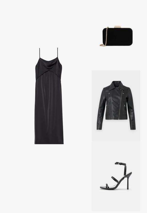 Chaqueta corta de cuero negro con cuello, diseño ajustado, detalles de costura y puños con cremallera. Textura suave, estilo clásico de motocicleta.; Vestido recto de satén negro con finas tirantes de spaghetti, escote drapeado y silueta recta. Textura suave y diseño minimalista.; Sandalias de tacón alto de charol negro con tres tiras horizontales y una correa en el tobillo ajustable. Silueta elegante y acabado brillante.; Clutch de terciopelo negro con herrajes en tono dorado, de forma rectangular y con correa de cadena, que presenta una textura suave y sin patrones visibles.