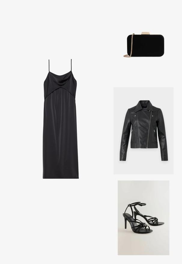 Sort læder cropped jakke med krave, tætsiddende design, syninger og lynlåse ved manchetterne. Glat tekstur, klassisk motorcykelstil.; Sort satin slip kjole med tynde spaghetti stropper, en draperet halsudskæring og en lige silhuet. Glat tekstur og minimalistisk design.; Sorte højhælede sandaler med flettede stropper, åben tå og ankelspænde. Glat tekstur med et slankt design og en slank hæl.; Sort velour clutch med guldfarvede detaljer, rektangulær form og kædestrop, der har en glat tekstur og ingen synlige mønstre.