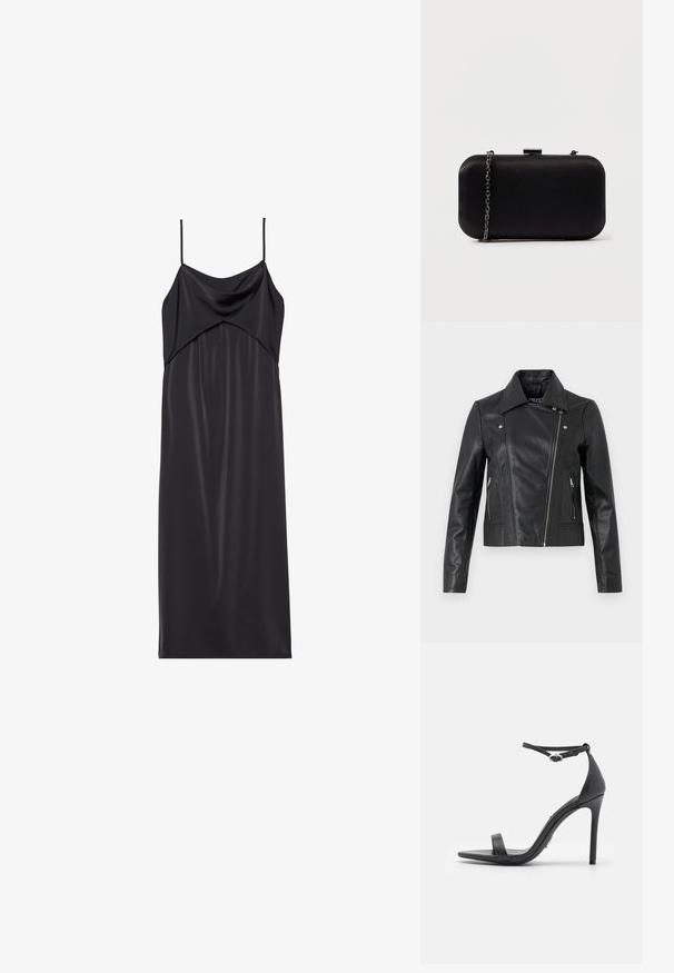 Zwarte leren cropped jas met een kraag, getailleerd ontwerp, naaddetails en ritsmanchetten. Gladde textuur, klassieke motorstijl.; Zwarte satijnen slipdress met dunne spaghettibandjes, een gedrapeerde halslijn en een rechte silhouet. Gladde textuur en minimalistisch ontwerp.; Zwarte hoge hakken sandalen met een open teen, dunne banden en een enkelsluiting. Gladde leren textuur met een puntige neus.; Zwarte rechthoekige clutch van glad materiaal. Beschikt over een afneembare kettingriem en een metalen vergrendeling bovenop. Eenvoudig ontwerp met afgeronde hoeken.