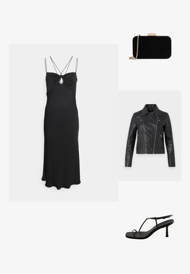 Zwarte leren cropped jas met een kraag, getailleerd ontwerp, naaddetails en ritsmanchetten. Gladde textuur, klassieke motorstijl.; Calvin Klein MICRO STRAP TWIST SLIP DRESS - Cocktailjurk - black; Zwarte sandaal met hak, voorzien van een vierkante neus en smalle bandjes. Heeft een taps toelopende, middelhoge hak en een gladde, matte afwerking.; Zwarte fluwelen clutch met gouden hardware, rechthoekige vorm en kettingband, met een zachte textuur en zonder zichtbare patronen.