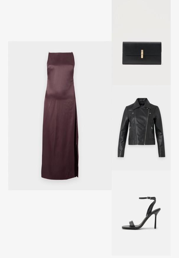 Čierna kožená cropped bunda s golierom, priliehavým strihom, švovými detailmi a zipsovými manžetami. Hladká textura, klasický motocyklový štýl.; Tmavosivý saténový šaty s rovnou siluetou, bočným rozparkom a bez rukávov. Hladká textúra a minimalistický dizajn.; Čierne sandále na vysokej ihlovej podpätku so štíhlym členkovým remienkom a dvoma prednými pásikmi. Vyrobené z hladkej kože s elegantne špicatou špičkou a vysokým podpätkom.; Čierna kožená kabelka s textúrou, obdĺžnikového tvaru, so zlatou vertikálnou prackou v strede predného klopu.