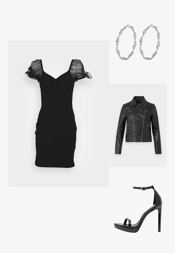 Zwarte leren cropped jas met een kraag, getailleerd ontwerp, naaddetails en ritsmanchetten. Gladde textuur, klassieke motorstijl.; Even&Odd by Zalando DRESS - Cocktailjurk - black; Steve Madden MILANO - Sandalen met hoge hak - black; Zilveren ringoorbellen met een gedraaide ontwerp, met een gestructureerd oppervlak en een veilige sluiting. Lichtgewicht en reflecterend met een vloeiende afwerking.