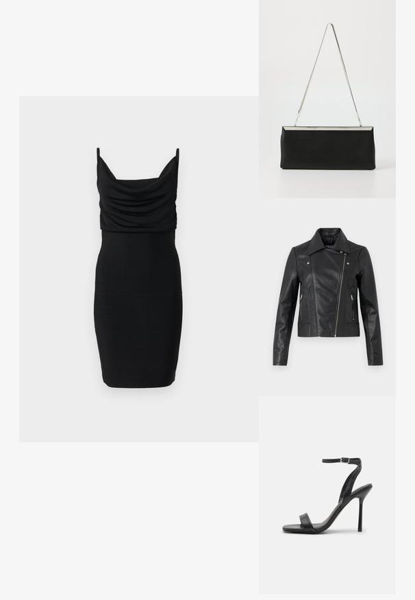 Zwarte leren cropped jas met een kraag, getailleerd ontwerp, naaddetails en ritsmanchetten. Gladde textuur, klassieke motorstijl.; Zwarte mouwloze bodycon-jurk tot op de knie met geplooide, draperie halslijn en nauwsluitend silhouet tegen een effen achtergrond.; Zwarte hoge hakken sandaal met een slanke enkelband en twee voorste banden. Gemaakt van soepel leer met een slanke puntneus en een stiletteloze hak.; Zwarte leren clutch met een zilveren metalen kettinghandvat en een strakke rechthoekige vorm. Matte textuur en minimalistisch ontwerp met een metallic accent.