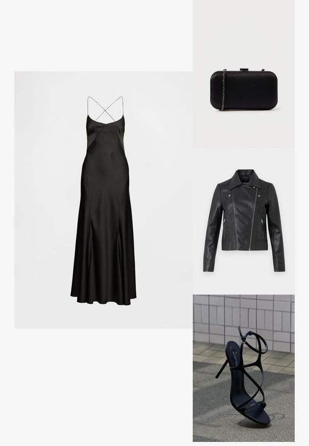 Čierna kožená cropped bunda s golierom, priliehavým strihom, švovými detailmi a zipsovými manžetami. Hladká textura, klasický motocyklový štýl.; Čierne saténové šaty na ramienka s tenkými, prekríženými ramennými popruhmi, áčkovým strihom a hladkou, prúdiacou textúrou. Dizajn po zem.; Čierna sandála na vysokom podpätku s tenkými remienkami a prackou okolo členku, umiestnená vzpriamene na sivom chodníku pri stene s dlaždičkami.; Čierna obdĺžniková spojka vyrobená z hladkého materiálu. Obsahuje odnímateľný reťazový popruh a kovové zapínanie na vrchu. Jednoduchý dizajn s zaoblenými hranami.