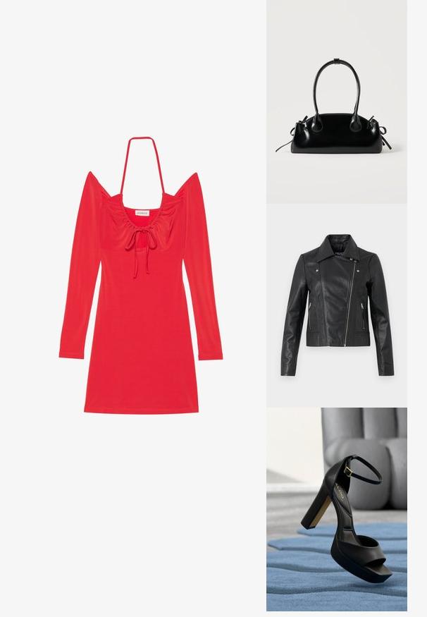 Zwarte leren cropped jas met een kraag, getailleerd ontwerp, naaddetails en ritsmanchetten. Gladde textuur, klassieke motorstijl.; Rode jurk van rekbare stof; heeft lange mouwen, een vierkante halslijn met geplooide details en een strik aan de voorkant.; Zwarte sandalen met hoge hak, vierkante neus, verstelbare enkelband, gewatteerde textuur en een blokhak met gouden accenten.; Kleine zwarte glanzende handtas met twee lange hengsels en zijkant trekkoord details op een effen lichte achtergrond.