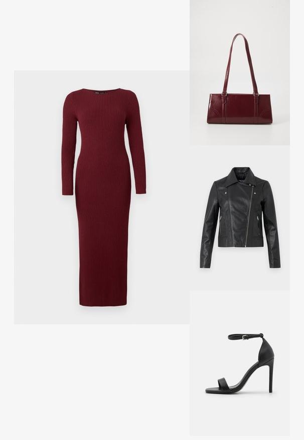 Zwarte leren cropped jas met een kraag, getailleerd ontwerp, naaddetails en ritsmanchetten. Gladde textuur, klassieke motorstijl.; Bordeaux ribbelgebreide maxi-jurk met lange mouwen en een bootnek, met een aansluitende pasvorm en subtiele textuur overal.; Zwarte sandalen met hoge hakken, met een slank ontwerp, voorzien van een enkelbandje, open teen en een gladde leren textuur.; Bourgondische handtas van glanzend materiaal, rechthoekige vorm, met twee schouderbanden en subtiele gebogen accenten aan de voorkant.