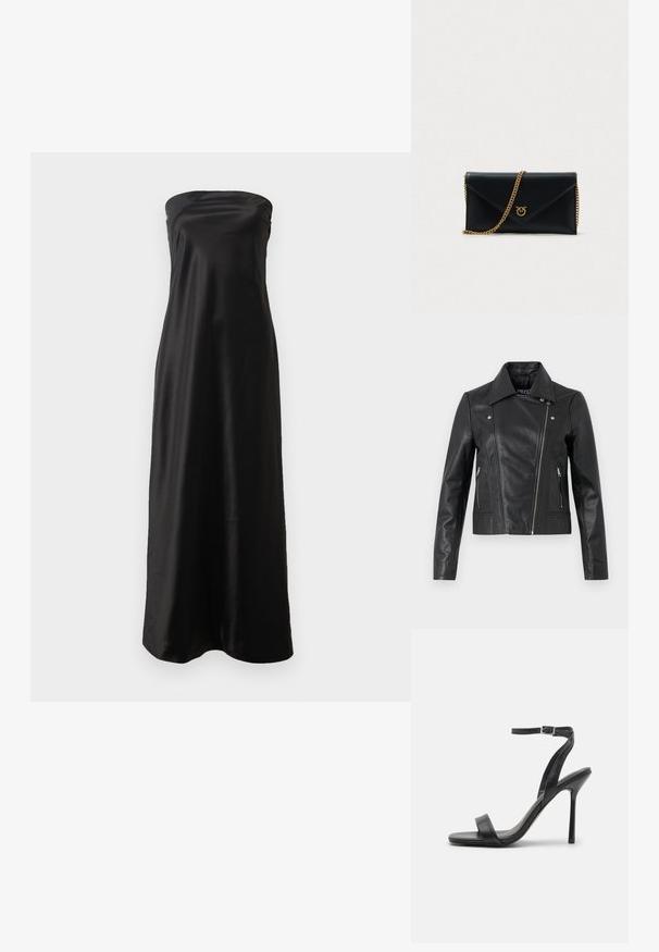 Chaqueta corta de cuero negro con cuello, diseño ajustado, detalles de costura y puños con cremallera. Textura suave, estilo clásico de motocicleta.; Vestido largo sin mangas de satén negro, con un diseño sencillo, textura suave y silueta fluida.; Sandalia negra de tacón alto con una correa delgada en el tobillo y dos bandas en la parte frontal. Hecha de cuero suave con una punta afilada y tacón de aguja.; Clutch sobre de cuero negro con una cadena dorada y un emblema dorado. Presenta una textura suave y una forma estructurada.