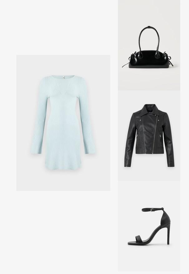 Chaqueta corta de cuero negro con cuello, diseño ajustado, detalles de costura y puños con cremallera. Textura suave, estilo clásico de motocicleta.; Vestido de punto acanalado en azul claro, con mangas largas, escote en V y aberturas laterales en el dobladillo para mayor detalle y movimiento.; Sandalia de tacón alto negra con un diseño elegante, que cuenta con una correa en el tobillo, punta abierta y una textura de cuero suave.; Pequeño bolso negro brillante con dos asas largas y detalles de cordón lateral sobre un fondo claro liso.