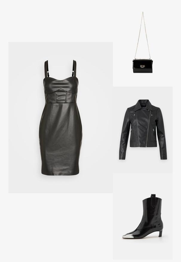 Sort læder cropped jakke med krave, tætsiddende design, syninger og lynlåse ved manchetterne. Glat tekstur, klassisk motorcykelstil.; Sorth faux læderkjole med en tætsiddende silhuet, tynde stropper og en struktureret, polstret skjorte med lodrette sømme. Glat tekstur.; ALOHAS SHIMMER BICOLOR BOOTS - Støvletter - black/silver; Sort patentlæder håndtaske med en guldkæde-strop, rektangulær form, med en frontklaplukning og et metallisk logo-accent.