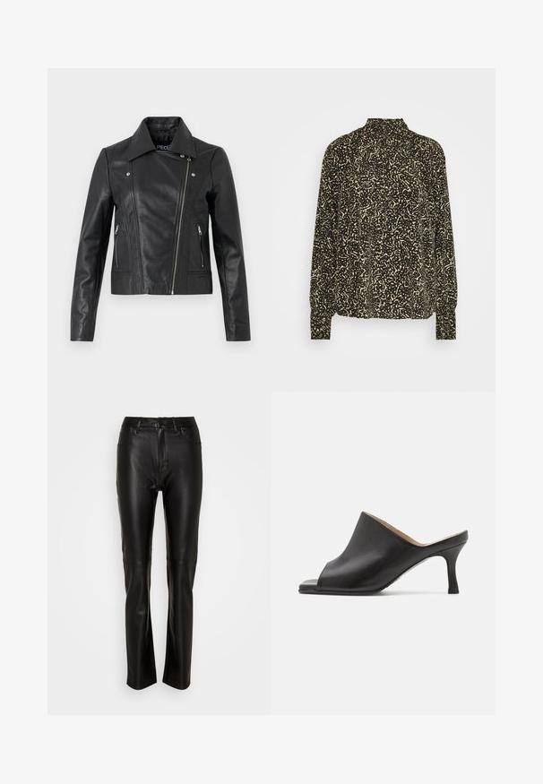 Zwarte leren cropped jas met een kraag, getailleerd ontwerp, naaddetails en ritsmanchetten. Gladde textuur, klassieke motorstijl.; Morgan OBOX - Blouse - multi-coloured; Zwarte leren broek met een gladde textuur, slim fit en een standaard tailleband, voorzien van een knoopsluiting en twee voorzakken.; Selected ASHLEY - Muiltjes met hak - black