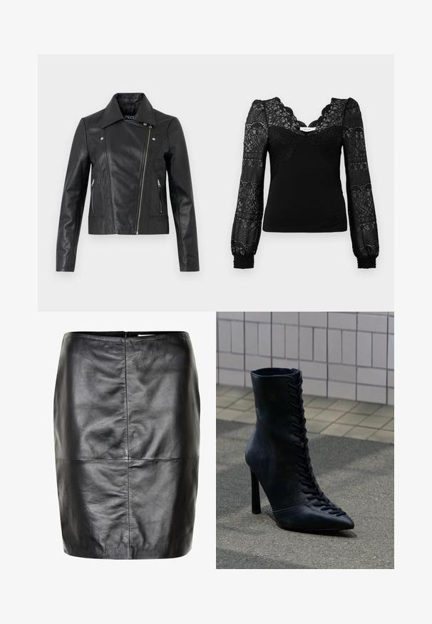 Veste cropped en cuir noir avec col, design ajusté, détails de couture et poignets zippés. Texture lisse, style classique de moto.; Haut noir avec devant en dentelle et encolure festonnée, longues manches en dentelle transparente et poignets froncés pour ajouter de la texture.; Jupe crayon en cuir noir avec une texture lisse, longueur genou, présentant une couture centrale au dos et une fermeture éclair discrète à la taille.; Bottine noire en cuir à talon haut avec lacets à l'avant, bout pointu, posée sur l'asphalte près d'un mur carrelé.