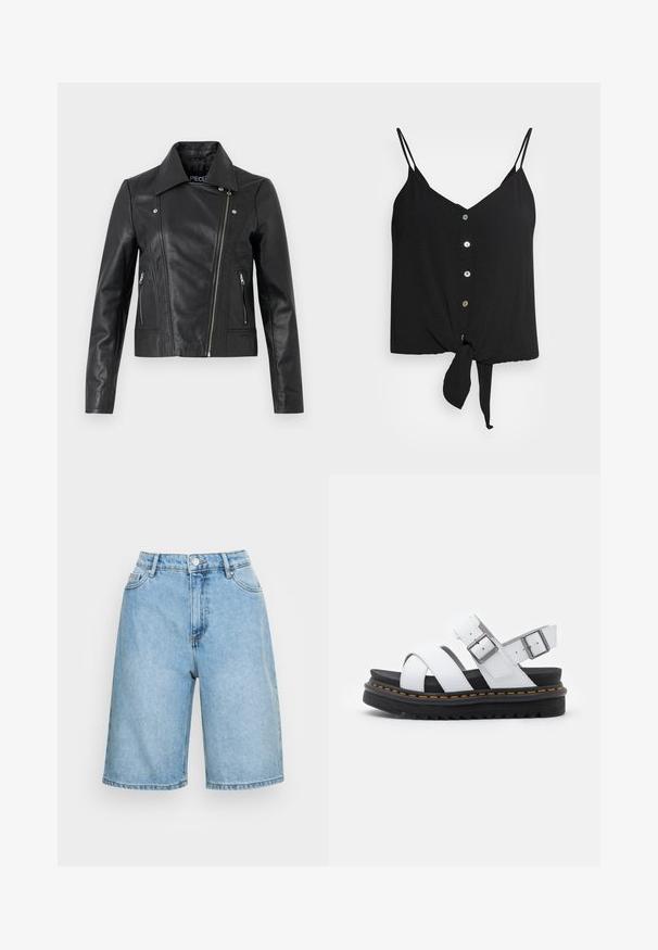 Sort læder cropped jakke med krave, tætsiddende design, syninger og lynlåse ved manchetterne. Glat tekstur, klassisk motorcykelstil.; Sort cami-top med tynde stropper, v-halsudskæring, knaplukning foran og knyttet bundkant. Lavet af letvægtsstof med en glat overflade.; Lysblå denimshorts med høj talje, der har en knaplukning, fem lommer og en afslappet pasform, der går til midten af låret.; Hvide lædersandaler med justerbare spænder, lagdelt sort platformssål og orange syning langs kanten.