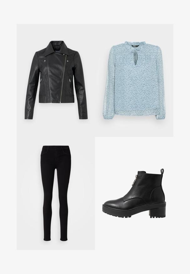Veste cropped en cuir noir avec col, design ajusté, détails de couture et poignets zippés. Texture lisse, style classique de moto.; ONLY ONLDITSY BLOUSE - Blouse - dusty blue; Pantalons slim fit noirs avec fermeture à bouton, passants de ceinture et poches avant, présentés sur un fond clair et uni.; Bottine en cuir noir avec fermeture zippée sur le côté, talon large noir et semelle texturée pour une meilleure adhérence. Fini lisse avec des accents minimalistes.