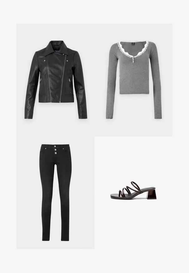 Mustahuone nahkainen lyhyttakki, jossa on kaulus, tiukka muotoilu, sauman yksityiskohdat ja vetoketjulla varustetut hihansuut. Silkkinen pinta, klassinen moottoripyörätyyli.; BDG Urban Outfitters DIANA - Pitkähihainen paita - grey; Musta skinny-farkut, valmistettu deniminä, joissa on korkea vyötärö, kolme hopeista nappisuljetusta ja klassinen viiden taskun muotoilu.; Avoin varvas korkokenkä tummassa burgundinvärisessä lakatussa nahassa, jossa on kolme ohutta hihnaa ja neliömäinen korko. Sujuva pinta, minimaalinen muotoilu.