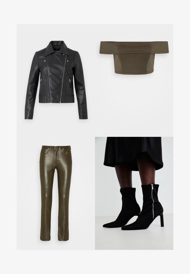 Sort læder cropped jakke med krave, tætsiddende design, syninger og lynlåse ved manchetterne. Glat tekstur, klassisk motorcykelstil.; WAL G. BRODY CROP - T-shirts print - khaki; Oliven grøn læderbukser med slim fit, fem-lomme design, klassisk knap- og lynlåslukning. Glat tekstur og lige benudskæring.; Sorte ankelstøvler med en strækbart stofoverdel, spids tå og en sidelukning med lynlås, sat på en slank, høj hæl.