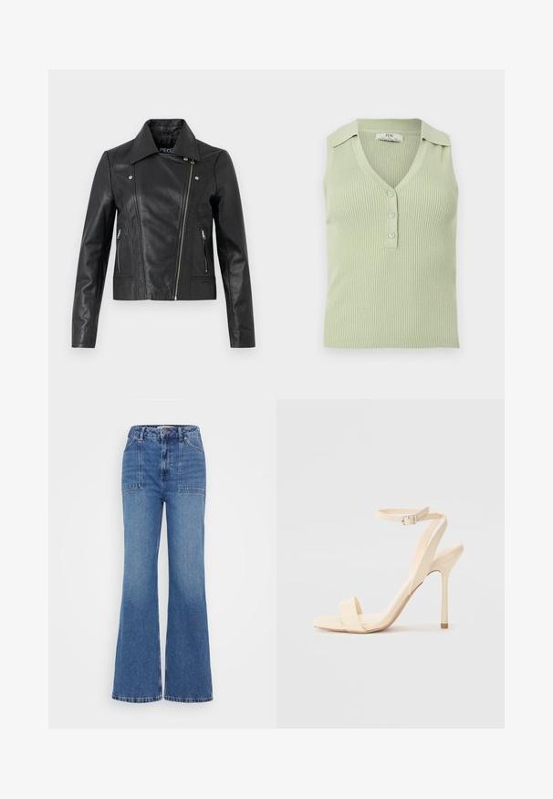 Sort læder cropped jakke med krave, tætsiddende design, syninger og lynlåse ved manchetterne. Glat tekstur, klassisk motorcykelstil.; Ærmeløs, ribstrikket top i lysegrøn med V-hals, tre forreste knapper og små kravedetaljer på skuldrene.; Lysblå højtaljede flared jeans i denim. Har to forlommer, knaplukning og rå kanter nederst.; Beige højhælede sandaler med en slank ankelrem og firkantet tå. Glat syntetisk materiale, minimalistisk design og stiletto-hæl.
