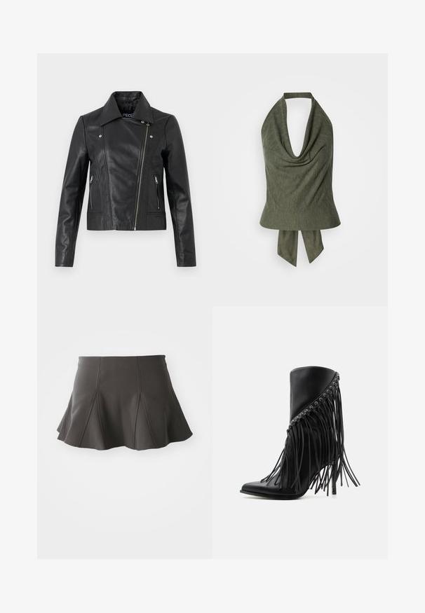Sort læder cropped jakke med krave, tætsiddende design, syninger og lynlåse ved manchetterne. Glat tekstur, klassisk motorcykelstil.; Olivengrøn halternecktop med en draperet halsudskæring og let, tekstureret stof. Bindes bagpå for justerbar pasform og stil.; Sort flared nederdel med en tætsiddende talje, der har lodrette syninger og en glat tekstur. Sømmen er let buet og går lige over midten af låret.; Sort ankelstøvle med høje hæle, skrå frynser og metaløjer langs den øverste kant, spids tå og stiletthæl.