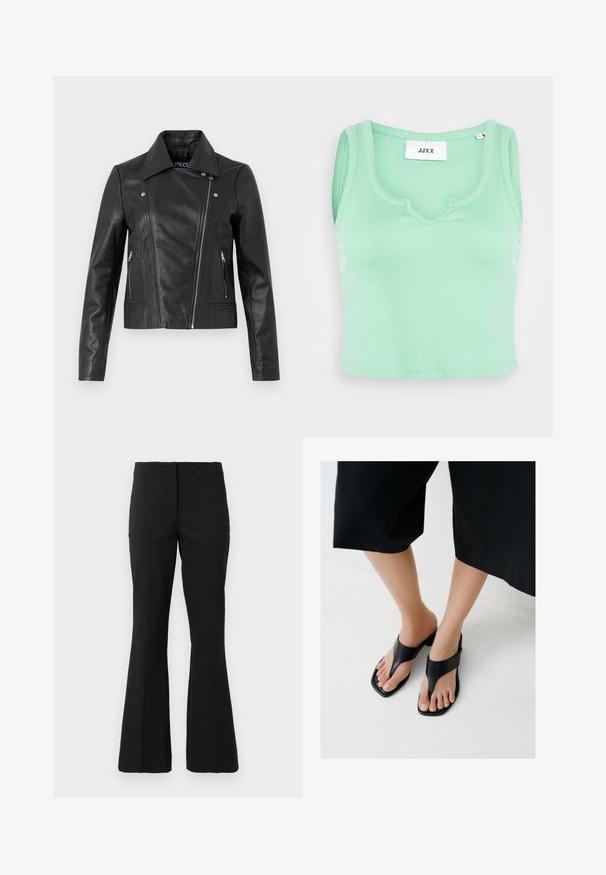 Sort læder cropped jakke med krave, tætsiddende design, syninger og lynlåse ved manchetterne. Glat tekstur, klassisk motorcykelstil.; JJXX JXFINA - Top - absinthe green; Sorte skræddersyede bukser med høj talje og let udvidede ben, præsenteret mod en ensfarvet hvid baggrund.; Fødder iført sorte, firkantede hælsandaler med brede remme, kombineret med afkortede sorte bukser på et lyst gulv.
