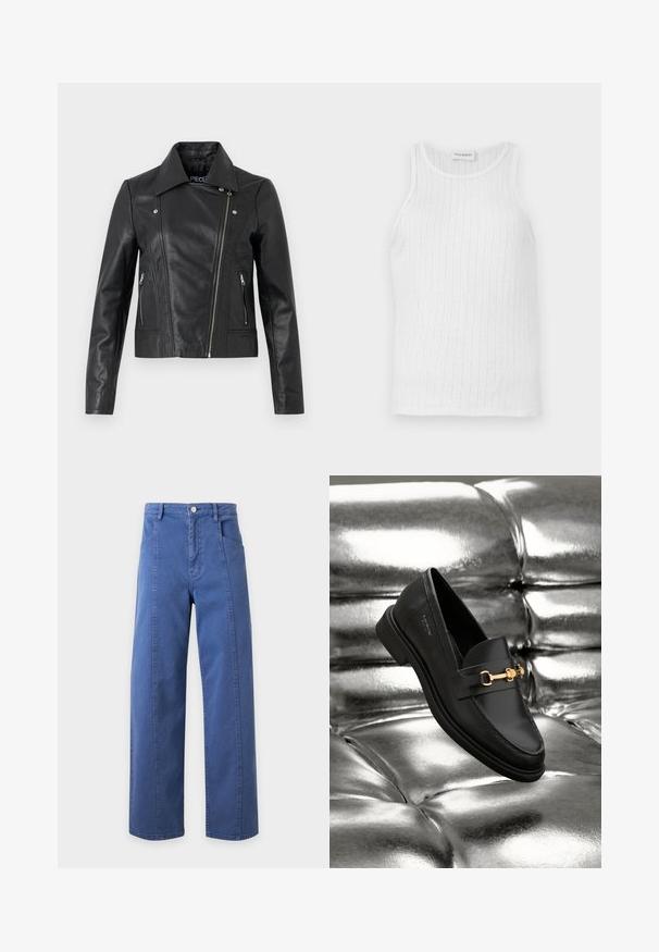 Zwarte leren cropped jas met een kraag, getailleerd ontwerp, naaddetails en ritsmanchetten. Gladde textuur, klassieke motorstijl.; Wit tanktop van lichtgewicht stof, met een geribbelde textuur en een ronde halslijn. Eenvoudig ontwerp zonder zichtbare patronen of accenten.; Blauwe high-waist wijde jeans met voornaad, riemlussen, voorzakken en een knoopsluiting in de taille.; Zwarte leren instapper met een goudkleurig hardware-detail. De schoen heeft een strak ontwerp en een gladde, glanzende textuur.