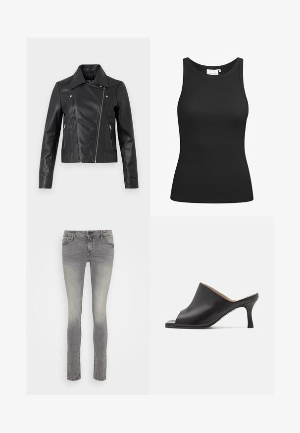 Chaqueta corta de cuero negro con cuello, diseño ajustado, detalles de costura y puños con cremallera. Textura suave, estilo clásico de motocicleta.; Top negro sin mangas hecho de tela acanalada, con un escote en forma de bote y un ajuste ceñido. Costuras planas y sin adornos. Diseño simple y elegante.; edc by Esprit Vaqueros pitillo - grey medium wash; Selected ASHLEY - Mules de tacón - black