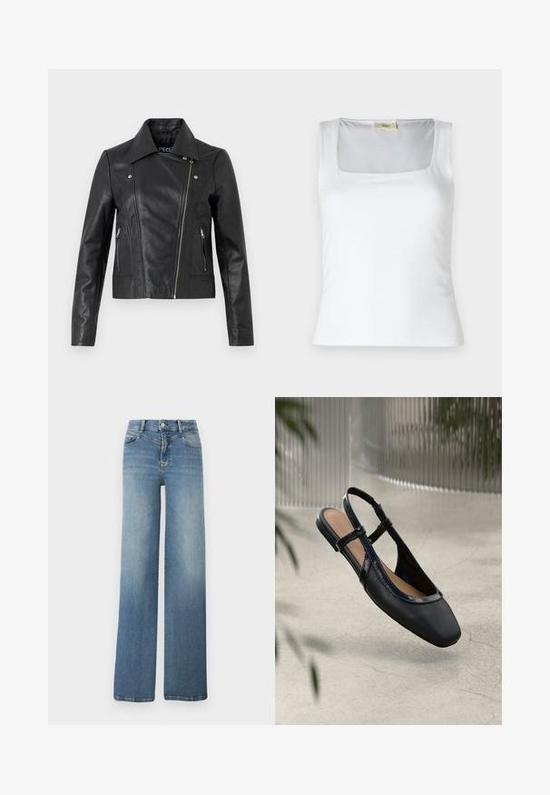 Sort læder cropped jakke med krave, tætsiddende design, syninger og lynlåse ved manchetterne. Glat tekstur, klassisk motorcykelstil.; Hvid top med firkantet halsudskæring lavet af glat stof. Har brede stropper og en tætsiddende silhuet. Ingen synlige mønstre eller dekorationer.; Lyseblå vidde-ben denimjeans med forlommer, knaplukning og falmet tekstur fra talje til kant.; Sorte læder slingback flade sko med firkantet tå, prydet med en blank patenteret kant og justerbare remme for en sikker pasform.