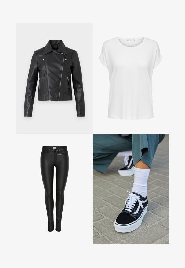 Chaqueta corta de cuero negro con cuello, diseño ajustado, detalles de costura y puños con cremallera. Textura suave, estilo clásico de motocicleta.; Camiseta blanca de manga corta hecha de algodón suave. Presenta un cuello redondo y puños enrollados. Diseño simple sin patrones ni acentos.; Pantalones de imitación de cuero negros de corte ajustado, con cierre de botón en la parte delantera, cremallera y pasadores para cinturón, exhibidos sobre un fondo blanco.; Zapatillas de ante negro con acentos y cordones blancos, que cuentan con una gruesa suela blanca y costuras en contraste, combinadas con un calcetín blanco.