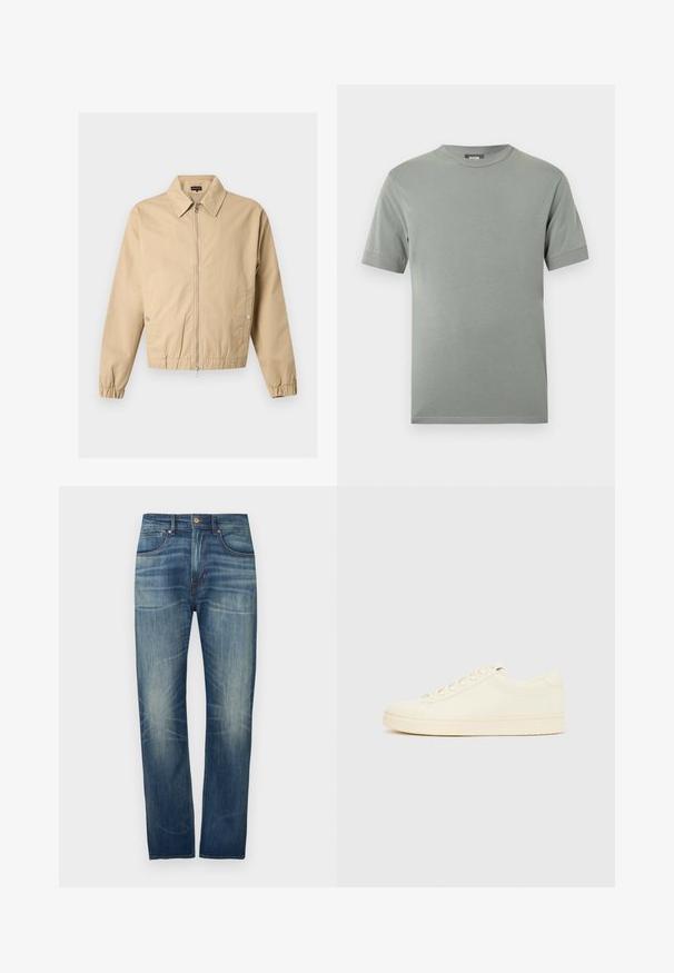 Veste beige zippée avec col pointu, poches latérales à boutons-pression, poignets élastiques et ourlet élastique sur un fond uni.; T-shirt gris en coton avec un col rond, des manches courtes et un design simple. Présente une texture lisse et des coutures régulières le long des ourlets.; Jean en denim bleu foncé à coupe droite, avec un léger délavage, cinq poches et une fermeture par bouton à la taille.; Baskets couleur crème avec une tige en cuir lisse, bout arrondi, laçage à l'avant et semelle en caoutchouc texturée. Design minimaliste, sans logo.