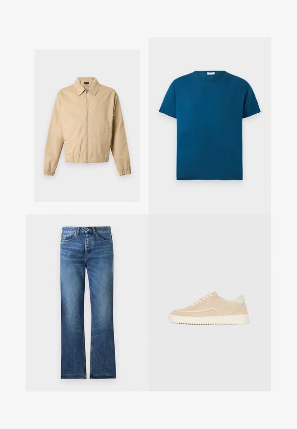 Veste beige zippée avec col pointu, poches latérales à boutons-pression, poignets élastiques et ourlet élastique sur un fond uni.; T-shirt bleu à manches courtes et col rond, design uni, posé à plat sur un fond blanc.; Jean en denim bleu avec une coupe droite, cinq poches, fermeture par bouton et zip, et légère décoloration sur les cuisses et les genoux.; Baskets en daim beige avec semelle et lacets blancs, design basse, et motif de semelle en zigzag.