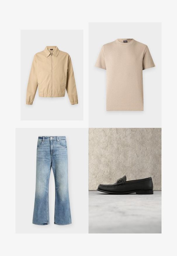 Veste beige zippée avec col pointu, poches latérales à boutons-pression, poignets élastiques et ourlet élastique sur un fond uni.; T-shirt beige à manches courtes en coton côtelé avec un col rond et un motif texturé vertical subtil.; Jean bleu clair taille haute jambe large, fermeture devant par bouton et zip, deux poches avant et délavage subtil sur les cuisses et les genoux.; Mocassin en cuir noir avec détail de mors en métal, présenté au-dessus d'un tapis beige, avec une table ronde marron en arrière-plan.