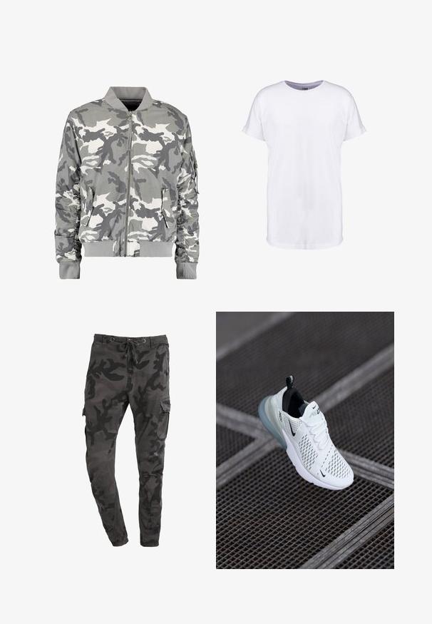 Καμουφλάζ bomber jacket σε αποχρώσεις του γκρι και του λευκού, με φερμουάρ μπροστά, ριμπ κολάρο και πλευρικές τσέπες με μαζεμένα μανίκια.; Λευκό βαμβακερό μπλουζάκι με κοντά μανίκια, στρογγυλή λαιμόκοψη και χαλαρή εφαρμογή. Λείο υφάσμα χωρίς εμφανή σχέδια ή μοτίβα.; Σαλοπέτα σε στυλ παραλλαγής σε σκούρο γκρι χρώμα, με χαλαρή εφαρμογή, φερμουάρ στη μέση, πλαϊνές τσέπες και μαλακή βαμβακερή υφή.; Λευκό αθλητικό παπούτσι με διάτρητη πλέξη, μαύρες λεπτομέρειες, ορατά κορδόνια και διαφανή σόλα με αεροστάθμη.