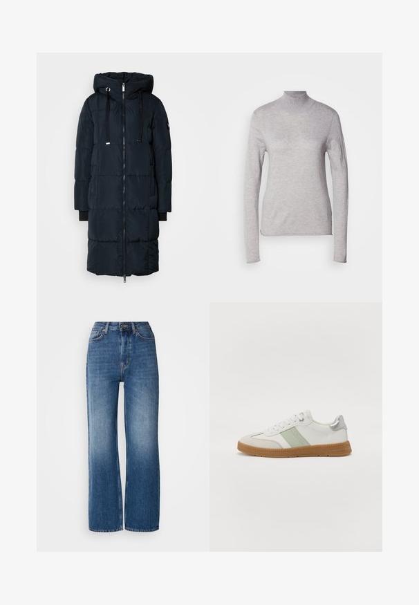 Mos Mosh MMNOVA SQUARE DOWN COAT - Manteau en duvet - navy; Haut col roulé gris clair à manches longues, fabriqué à partir d'un tissu en maille douce. Présente une coupe ajustée et un col côtelé. Texture lisse.; Jeans en denim bleu à taille haute et jambes larges avec un lavage dégradé, des coutures cuivrées, une fermeture à bouton à l'avant et cinq poches.; TOM TAILOR Baskets basses - white/mint