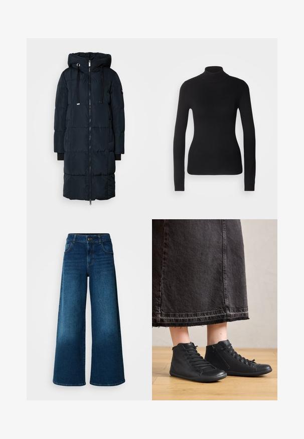 Mos Mosh MMNOVA SQUARE DOWN COAT - Manteau en duvet - navy; Pull à col roulé noir en maille légère. Il possède des manches longues, une coupe ajustée et une texture côtelée douce.; Jean large en denim bleu foncé. Doté d'une taille haute, d'une fermeture à bouton et d'un design classique à cinq poches avec une légère décoloration.; Chaussures montantes en cuir noir avec une texture lisse, dotées de lacets et d'une fermeture éclair sur le côté. Portées avec une longue jupe en denim noire.