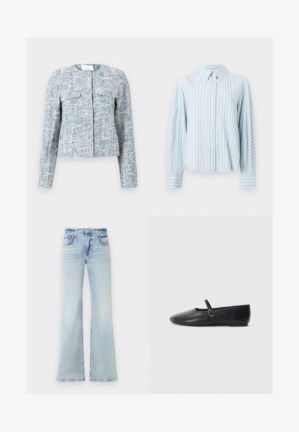 Veste bleu clair texturée avec broderie florale abstraite blanche, manches longues, poches avant et encolure ronde.; Chemise boutonnée bleu clair avec fines rayures verticales bleu marine et manches longues, dotée d'un col pointu et de poignets boutonnés.; Jean en denim bleu clair évasé avec une texture douce, cinq poches et une fermeture à bouton. Présente une décoloration pour un effet usé.; Ballerines noires en cuir avec un bout pointu, une semelle plate et une petite sangle avec un détail de boucle en argent.