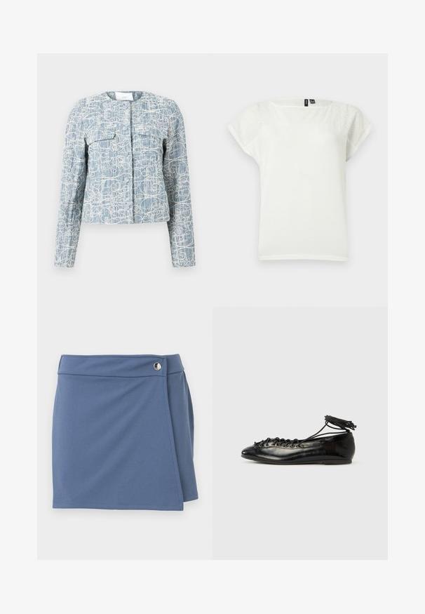 Veste bleu clair texturée avec broderie florale abstraite blanche, manches longues, poches avant et encolure ronde.; Blouse blanche à manches courtes avec détails en dentelle ajourée sur le haut de la poitrine et les manches, encolure ronde, vue à plat sur fond clair.; Jupe bleue style portefeuille avec une taille haute et une fermeture par bouton argenté sur le côté droit, présentée sur un fond blanc.; Ballerines en cuir verni noir avec un bout rond, un design à lacets et une semelle plate. Texture lisse avec peu de détails.