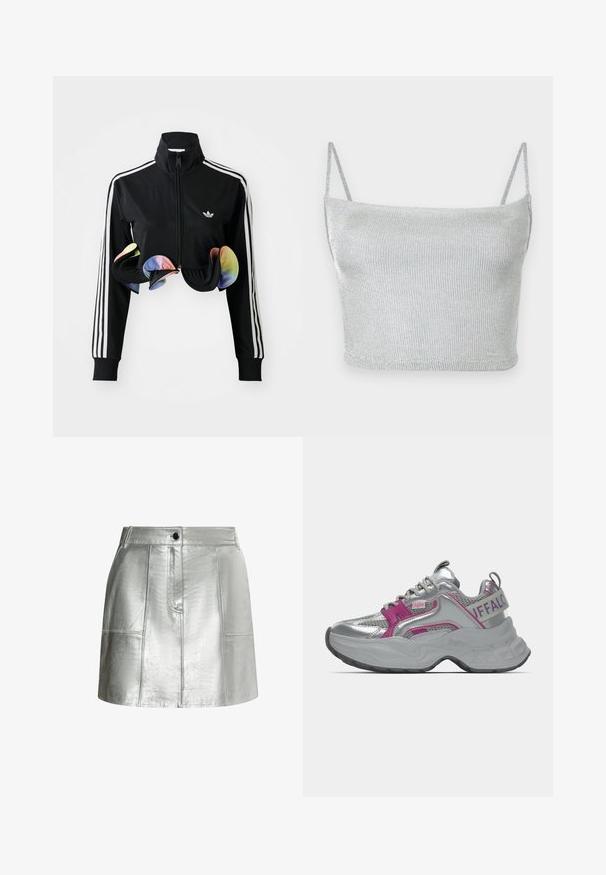 Zwarte zip-up jas met hoge kraag, witte zijstrepen en kleurrijke gerimpelde accenten aan de onderrand. Gemaakt van glad, rekbaar materiaal.; Zilverkleurige metallic gebreide crop top met dunne verstelbare bandjes. Strak model en gladde textuur. Geen patronen of zichtbare hardware details.; Metaalachtige zilveren rok met een gladde textuur, aansluitende taille en paneeldetails. Voorzien van een sluiting met knopen aan de voorkant en schone lijnen.; Stevige zilveren sneaker met roze accenten, meshpanelen, dikke zool en "Buffalo"-branding op de hielband en zijkant.