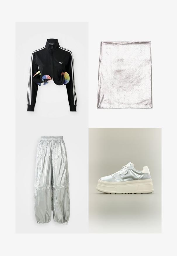 Zwarte zip-up jas met hoge kraag, witte zijstrepen en kleurrijke gerimpelde accenten aan de onderrand. Gemaakt van glad, rekbaar materiaal.; Metaalachtig zilverkleurig stof met een gladde textuur en een lichte glans. Rechthoekige vorm, randen netjes gestikt, geen opvallende patronen of accenten.; Zilveren lichtgewicht cargo-broek met een glanzende textuur, elastische tailleband, gebonden manchetten en twee grote zijzakken.; Chunky plateau sneaker met metallic zilveren bovenwerk, witte veters en dikke crème-gekleurde textuurzool, zijaanzicht op neutrale achtergrond.