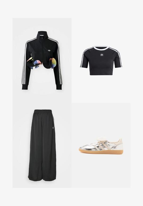 Zwarte zip-up jas met hoge kraag, witte zijstrepen en kleurrijke gerimpelde accenten aan de onderrand. Gemaakt van glad, rekbaar materiaal.; Zwart cropped t-shirt van katoen, met een geribde witte ronde hals, korte raglanmouwen en witte zijstrepen met een klein logo.; Zwarte, loszittende trainingsbroek van gladde stof. Voorzien van een elastische tailleband en zijstrepen met logo-accenten.; Low-top sneaker met glanzend zilverkleurig bovenwerk, beige drie strepen, witte veters en een beige rubberen zool, zijaanzicht op witte achtergrond.
