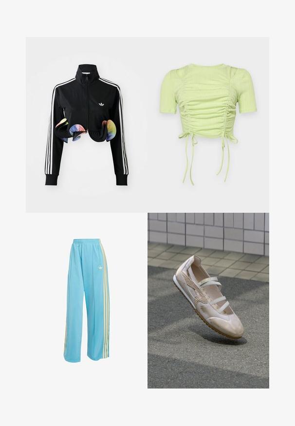 Zwarte zip-up jas met hoge kraag, witte zijstrepen en kleurrijke gerimpelde accenten aan de onderrand. Gemaakt van glad, rekbaar materiaal.; Lichtgroene cropped top van ribbelstof, met geplooide details, korte mouwen en verstelbare zijkanten.; Lichtblauwe joggingbroek van zachte stof, met een losse pasvorm, gele strepen langs de zijkanten en een Adidas-logo aan de voorkant.; Lichtbeige sneaker met accenten in reptieltextuur, witte bandjes en een flexibele rubberen zool. Heeft een gladde afwerking en uitsparingen aan de zijkant.