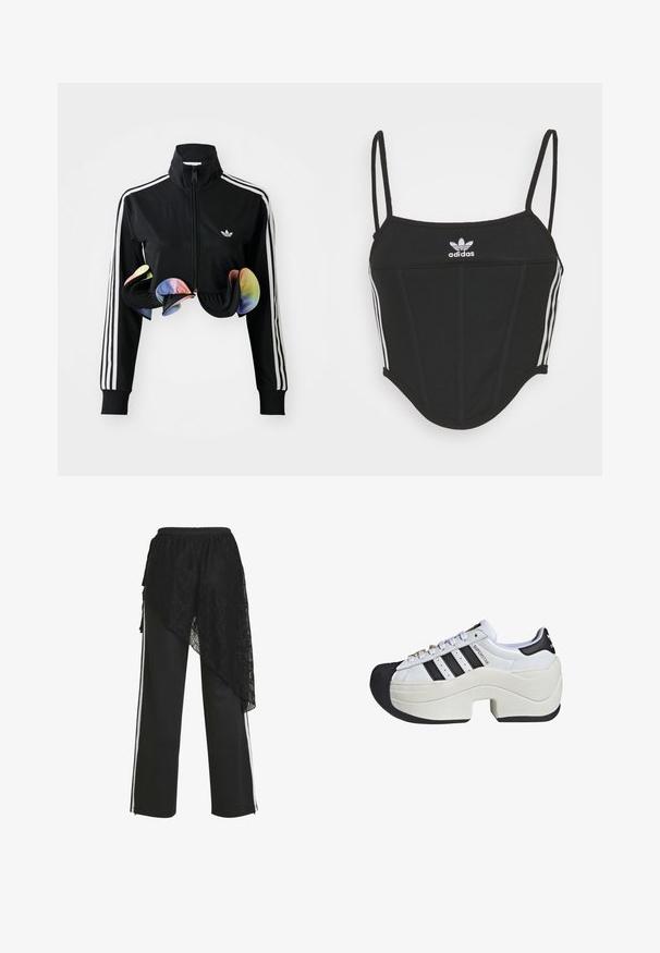 Zwarte zip-up jas met hoge kraag, witte zijstrepen en kleurrijke gerimpelde accenten aan de onderrand. Gemaakt van glad, rekbaar materiaal.; Zwarte geribbelde crop top met verstelbare dunne bandjes, voorzien van drie witte strepen aan de zijkanten en een klein wit Adidas-logo in het midden.; Zwarte broek met wijde pijpen, witte zijstrepen en een asymmetrische zwarte kanten overlay gedrapeerd aan de linkerkant.; Chunky witte sneakers met zwarte accenten, uitgevoerd met een ontwerp van drie strepen, een afgeronde neus, een unieke dikke zool en decoratieve veterogen.