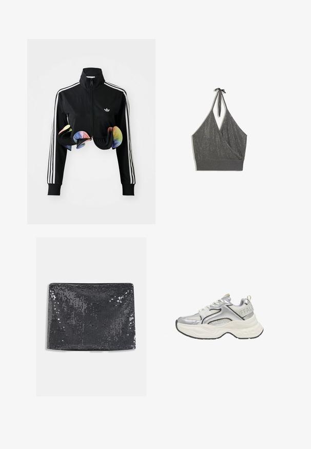 Sort zip-up jakke med høj krave, hvide sidelister og farverige volanger ved kanten. Lavet af glat, strækbart stof.; Grå halterneck strikket croptop med omslag foran og bred ribbet kant på hvid baggrund.; Sort clutchtaske med pailletter i rektangulær form, med en glat tekstur og reflekterende pailletter, der dækker overfladen for ekstra glans.; Sølv og hvid chunky sneaker med mesh- og læderdetaljer, tyk hvid sål og "BUFFALO" branding på hælkappen.