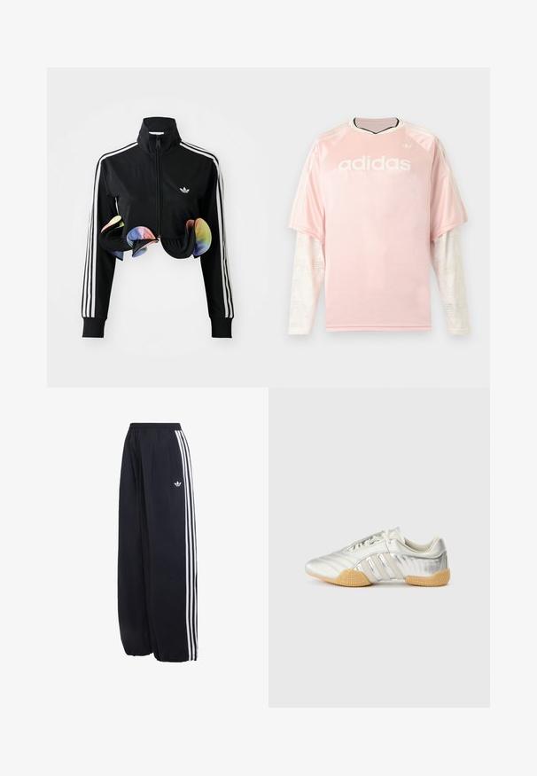 Sort zip-up jakke med høj krave, hvide sidelister og farverige volanger ved kanten. Lavet af glat, strækbart stof.; Lyserød Adidas langærmet trøje med hvide mønstrede mesh-ærmer og Adidas-logo på brystet mod en grå baggrund.; Sorte Adidas træningsbukser med hvide tre striber ned langs siderne og elastisk talje og manchetter.; Sølvfarvet sportssko med en glat læderoverdel, gummisål og teksturerede detaljer. Har et buet design og tonede snørebånd.