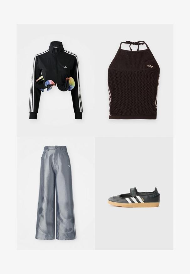 Schwarze Zip-Up-Jacke mit hohem Kragen, weißen Seitenstreifen und bunten Rüschendetails am Saum. Hergestellt aus glattem, dehnbaren Stoff.; Schwarzes Netz-Halfter-Cropped-Top mit strukturiertem Design. Mit pinkfarbenen Akzentstreifen und kleinem Logo vorne. Mit Rückenknotenverschluss.; Weite Hose aus glänzendem grauem Material, ausgestattet mit weißen seitlichen Streifen und einem Flammenmuster an den Unterschenkeln. Knopf- und Reißverschlussverschluss an der Taille.; Schwarze Leder- und Wildledersneaker mit einem Klettverschluss, ausgestattet mit drei weißen Streifen und einer Gummisohle, beschriftet mit "SAMBA" an der Seite.